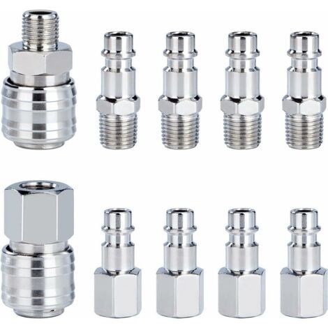 Kit de accesorios de manguera de acoplamiento neumático de aire de conexión rápida para compresor BSP de 1/4" con conector macho y hembra, 10 unidades (1/5)