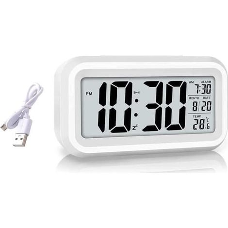 SABIR-Réveil numérique rechargeable, réveil LED avec affichage de la température, fonction snooze, conversion 12/24 heures et calendrier. (1/4)