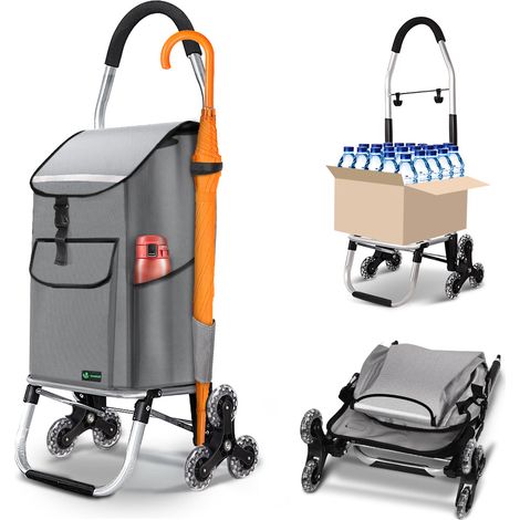 VOUNOT® Aluminium Einkaufstrolley Treppensteiger, Trolly Einkaufswagen Klappbar mit Haken 6 Räder, Grau (1/5)