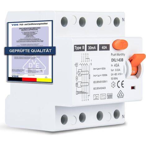 Disjoncteur différentiel FI type B 40 A 30 mA 4 pôles, RCD sensible au courant alternatif pour Wallbox et station de charge, disjoncteur différentiel avec certification, montage sur rail DIN (1/5)