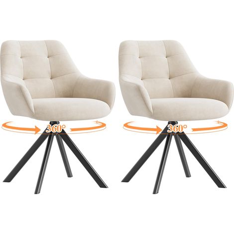 Lot de 2 Chaises de Salle à Manger Pivotantes à 360°, Chaises avec Accoudoirs en Tissu Moelleux et Piètement Métal, Chaises Confortables Pivotantes avec Dossier pour Cuisine, Bureau, Beige (1/5)