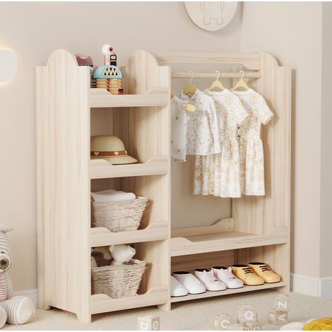 Garde-robe enfant 110x39x110 cm naturel en MDF et bois de pin avec tringle, 4 étagères et assise (1/5)