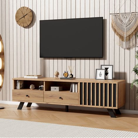 Mobile TV 150 x 38 x 44 cm con 2 cassetti, 1 armadietto e 2 nicchie, legno naturale e nero (1/5)