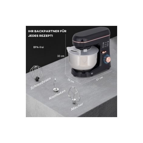 Robot pâtissier noir avec bol en acier inoxydable de 5,5 L et 6 vitesses pour cuisine et pâtisserie (1/5)