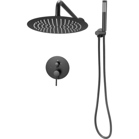 Mophorn Sistema doccia a pioggia per bagno con soffione tondo da 254 mm e doccetta, set di rubinetti da doccia a parete con valvola in ottone e kit di finitura, rubinetto doccia, nero opaco (1/5)