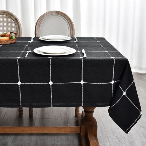 Nappe en lin Noir 220x135cm, lavable, rectangulaire, pour cuisine & jardin