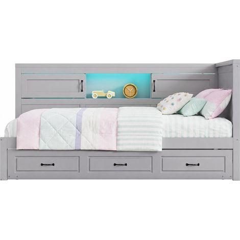 Sofá cama 90x200 cm gris con cama extraíble, luz ambiental LED, enchufe y USB, arcón de almacenamiento y estructura de tablero, ideal para espacios pequeños - CHICFURN (1/5)