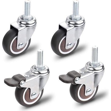 Roulettes pour meubles, 2 roulettes pivotantes avec frein + 2 roulettes pivotantes sans frein, roulettes universelles pour meubles M10x25mm, capacité de charge 30 kg par roulette