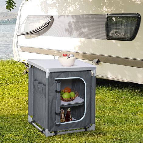 Mobiletto da cucina pieghevole per campeggio con 2 ripiani e borsa per il trasporto, in alluminio e tessuto Oxford, 60x49x70 cm, grigio. (1/5)
