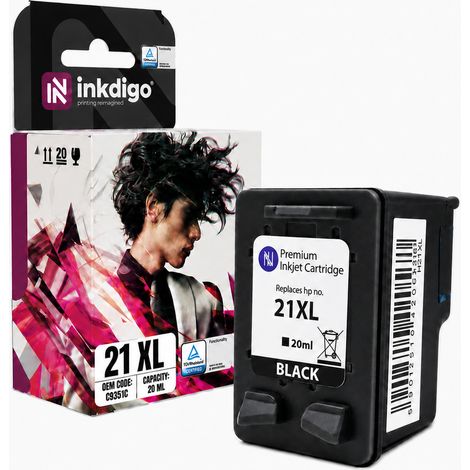 Tinta Inkdigo 21 XL compatible con HP DeskJet 3910 D1311 F310 OfficeJet 4314. Certificación TÜV. (1/5)
