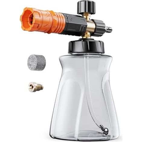 Canon à mousse pour nettoyeur haute pression, pistolet à mousse avec connecteur rapide de 6,35 mm, bouteille de 1 l, lance à mousse à neige réglable et mousse épaisse pour un lavage sr de voiture (1/5)
