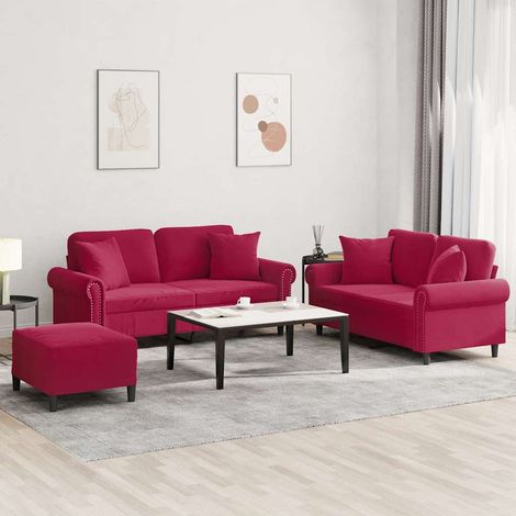 3-tlg. Sofagarnitur mit Kissen Weinrot Samt (1/5)