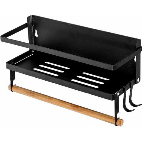 Etagere Magnetique - Pour Epices Et Essuie-Tout - Fixation Sur Surface Magnetique - 2 Crochets Amovibles - Bois Et Acier - 1 Piece (1/5)