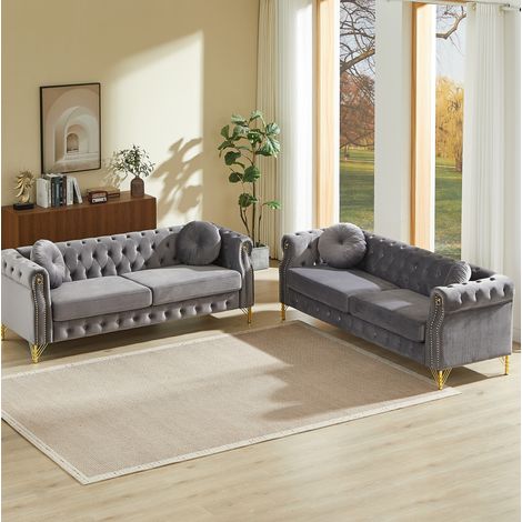 Canapé modulable style Chesterfield en velours gris, pieds en métal doré pour salon FloraGrace (1/5)