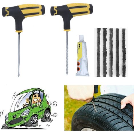 Kit de réparation de pneus tubeless, outil de réparation de crevaison pour pneus de voiture, camion, moto et vélo (noir) (1/5)