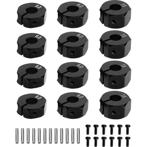 12pcs Adaptateur de Moyeu Hexagonal de Roue Pince de Moyeu de Roue en Aluminium Type 5mm/6mm/7mm pour Empêcher Roues de Se Coincer Voiture pour 1/10 Voiture Hexagonale Noir (1/5)