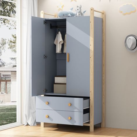 Armario 89.6x44x180.5 cm azul y madera maciza con barra para colgar y 2 cajones (1/5)