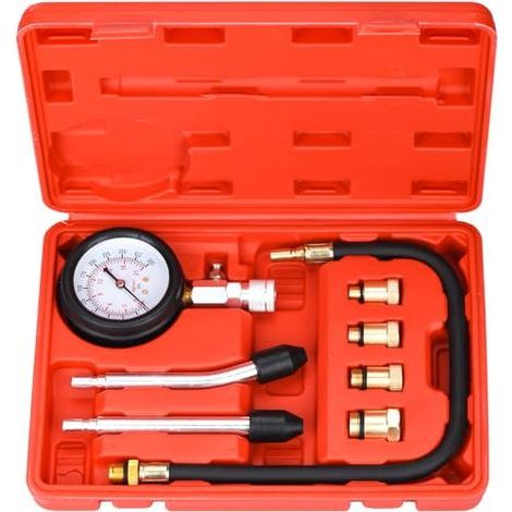 Applicable Testeur de Compression de Cylindre, Compressiomètre pour Moteurs à Essence, 0-20 bar & 0-300 psi avec Testeur de Bougie D'allumage et 4 Adaptateurs M10 M12 M14 M18 (Rouge) (1/5)