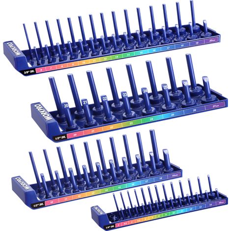 Workpro – Organisateur de douilles 4 pièces – Support de rangement avec plateau de stockage – Compatible douilles 1/4", 3/8", 1/2" – Résine ABS résistante