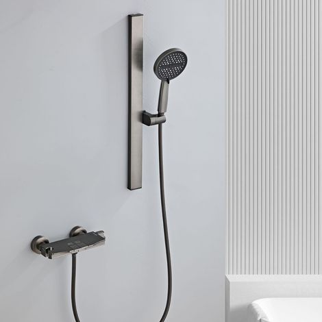 Ensemble de douche mural pour baignoire avec douchette à main ronde, barre de douche plate et robinetterie séparée, jet pluie à pression renforcée, finition gris chromé, kit de douche moderne pour sal (1/3)