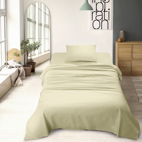 Set Lenzuola 100% Cotone Di Flanella Completo Letto Made In Italy Anti-Pilling Tinta Unita Lenzuolo Sopra Sotto Federe Panna - Piazza e mezza