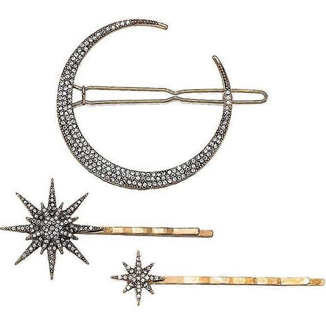 Lot de 3 épingles à cheveux vintage en alliage, motif lune et étoile, avec paillettes, pour frange. (1/5)