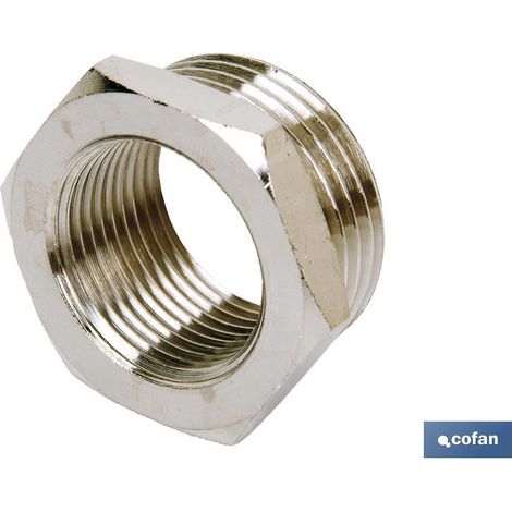 Reducción cilíndrica metálica R1/8 a M5, rosca para conexiones seguras.