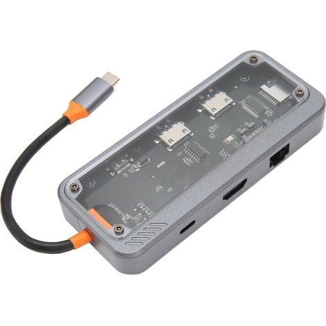 USB-Typ-C-Hub mit PD-Schnellladefunktion, USB 3.0- und 2.0-Anschlüssen sowie RJ45-Anschluss (transparentes Gehäuse) für Laptop und Fernseher (8 in 1) mit 100M-Netzwerkanschluss. (1/5)