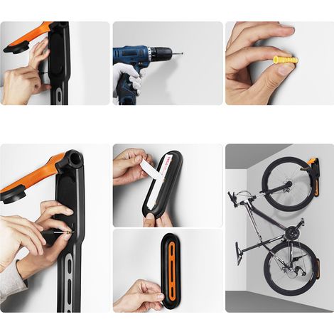 Vertikaler, wandmontierter Fahrradständer, praktische Aufbewahrung für die Garage, stabile Befestigung, schwarz-orangefarbener Wandfahrradständer, platzsparender Fahrradhalter, einfach zu montierender (1/5)