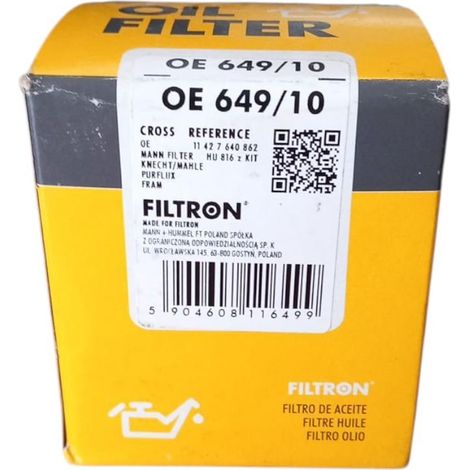 Filtro olio motore marca filtron codice filtro oe 649/10