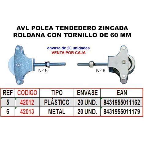 FPLUS polea rod.metal.c/tuerca de 60 , Polea tendedero metalica con tuerca M-6x60 mm.