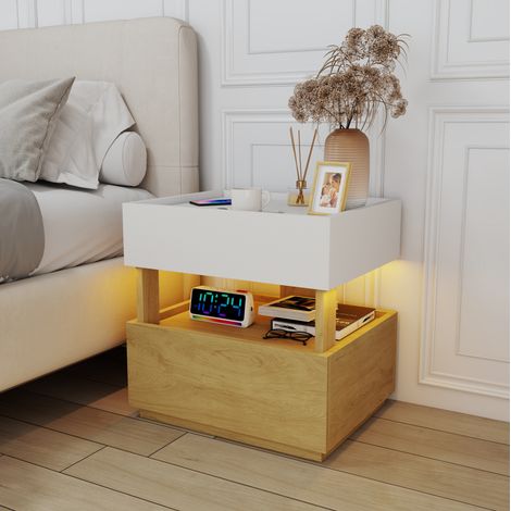 Table de chevet avec charge sans fil, LED, 2 tiroirs, blanc et bois naturel OKMYHOME (1/5)