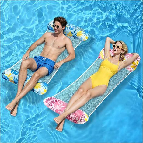 2 PCS Bouee Piscine, 127x70cm Hamac Gonflable Piscine, 4 en 1 Bouées et Matelas Gonflables, avec Filet et Pompe à Main, pour Plage, Vacances (1/5)