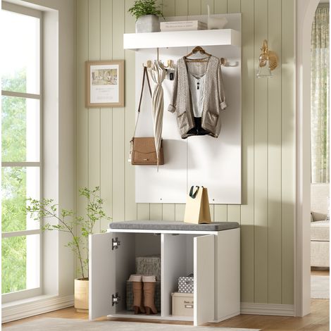 REDOM Garderobenset, 60x35x(45+100) cm, 3 in 1 mit Schuhbank, 2 Türen, 4 Haken, Spanplatte, weiß (1/5)