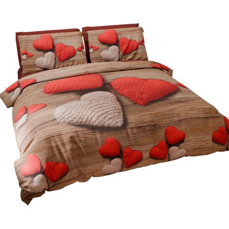 Housse de Couette 2 Places 250x200 cm 2 Taies 50x80 cm Incluses, Parure en Microfibre Imprimée Cœur (1/5)