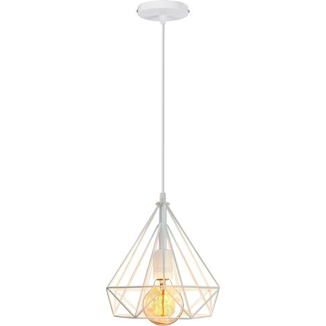 Suspension Luminaire Métal 25CM Design Cage Diamant Rétro Industriel pour Salon Cuisine Chambre Blanc (1/5)