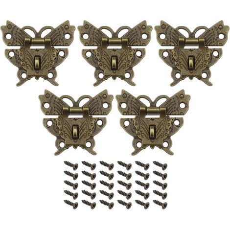 Fermoir papillon 5 pièces - Cadenas - Cadenas en forme de papillon - Décoration en alliage vintage - Pour boîtes à bijoux et coffrets en bois - Bronze antique - Alliage de zinc (1/5)
