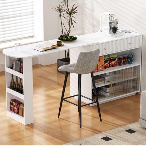 Bartisch 120x50x95.5 cm Weiß MDF mit LED, Stauraum, Steckdosen und 360° ausziehbarem Sideboard (1/5)