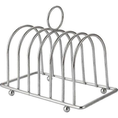 Support à toasts en acier inoxydable à 6 fentes pour tranches de pain, avec pieds sphériques et poignée de transport. (1/5)
