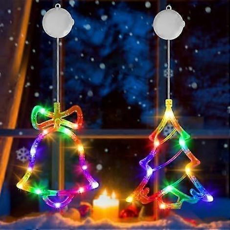 Guirlande lumineuse de Noël OUILA pour fenêtre, sapin de Noël RGB + cloches, guirlande lumineuse à piles avec minuterie, ventouse et crochets, guirlande lumineuse féérique pour rideaux. (1/4)