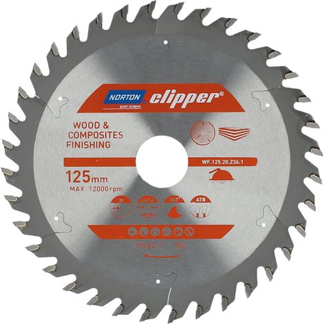 Sierra circular Norton 125 mm, corte transversal y suave para madera y materiales compuestos, 36 dientes, carburo cementado (HM), 12000 rpm, diámetro 20 mm
