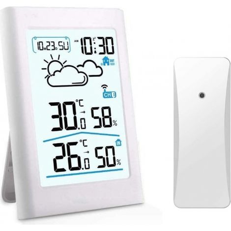 Blanc Station météo sans Fil, Thermomètre Hygromètre Baromètre Intérieure Extérieure avec Capteur LE