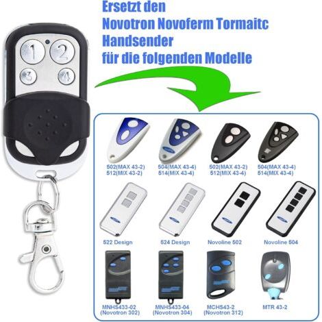 Émetteurs de porte de garage de remplacement en paquet de deux, 433,92 MHz, 100% compatibles avec NOVOFERM NOVOTRON 502 MAX43-2, 504 MAX43-4, 512 MIX43-2, MNHS433-02 et MNHS433-04. (1/3)