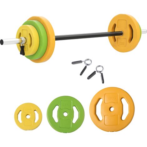 Ensemble haltères et barre 20 kg avec 6 haltères disques de 1.5 kg. 2.5 kg et 5 kg gym musculation orange vert et jaune (1/5)