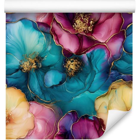 Papier peint encre turquoise, violet et rose pour salon et chambre 50x1000 cm (1/5)