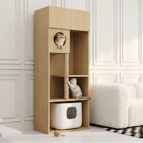 Meuble pour chats avec griffoir et espace litière, 80 x 45 x 193 cm, naturel, OKMYHOME (1/5)