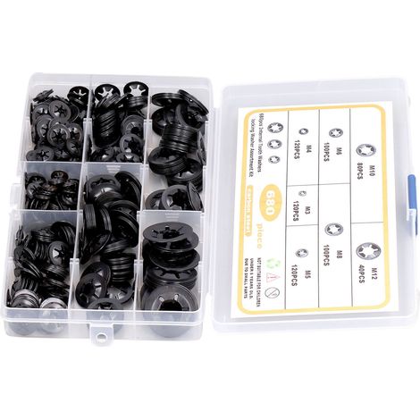 Lot de 680 rondelles frein à dents internes plates en acier carbone M3-M12 assortiment (1/5)