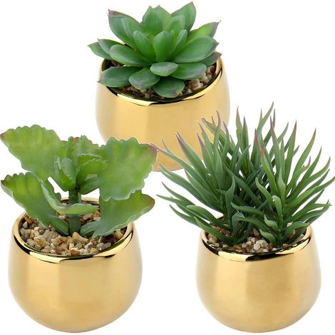 Kunstpflanze Sukkulenten 3 PCS Keramiktopf Deko Balkon Gold Type-2 (1/5)