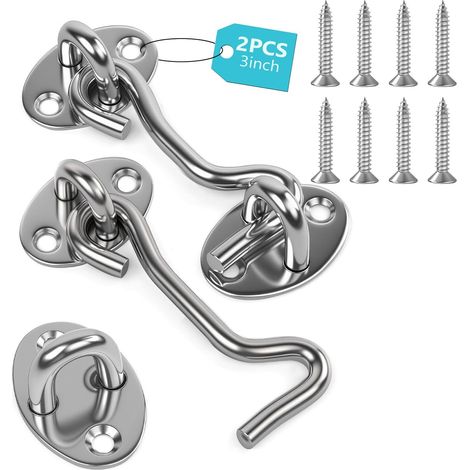 Crochet Porte, Lot de 2 Crochets et Loquets à Œillet, 4 inch Crochets de Porte de Grange, Crochet Cabine en Acier Inoxydable avec Vis de Montage pour Utilisation en Extérieur, Loquet (1/5)