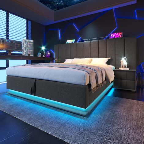 Cama matrimonial acolchada 180 x 200 con control LED por app y carga USB-C, lino, gris, sin cabecera (1/5)